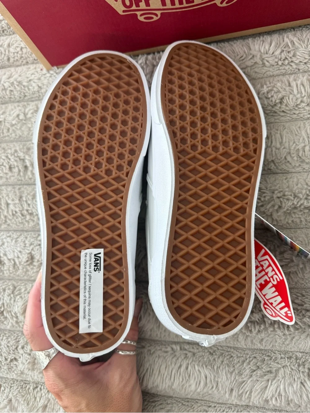 Vans women’s Classic Slip-On White Shoes with Rainbow Heart